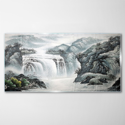 Tablou sticla Cascade senine într-un peisaj montan