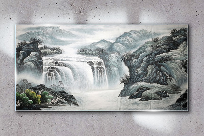 Tablou sticla Cascade senine într-un peisaj montan
