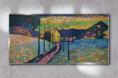 Tablou sticla Peisaj colorat cu o casă