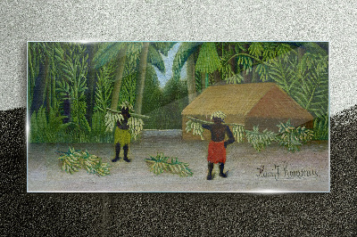 Tablou sticla Recolta de banane într-un peisaj tropical
