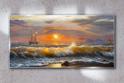 Tablou sticla Valurile de coastă apusul soarelui