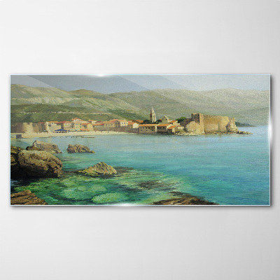 Tablou sticla Peisaj de litoral cu dealuri montane