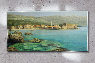Tablou sticla Peisaj de litoral cu dealuri montane