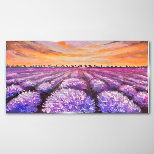 Tablou sticla Câmpuri de lavandă violet la apus