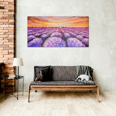 Tablou sticla Câmpuri de lavandă violet la apus