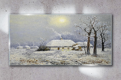 Tablou sticla Satul de iarnă din coliba copacilor
