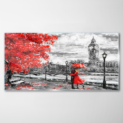 Tablou sticla Umbrelă roșie în Londra ploioasă
