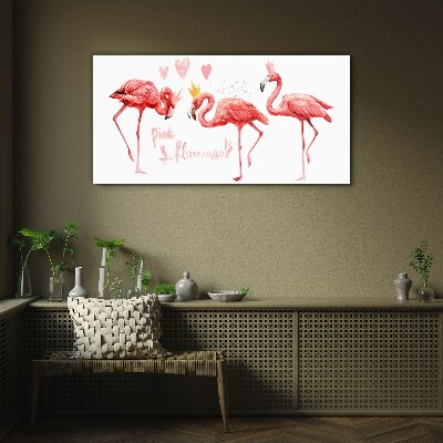 Tablou sticla Flamingo roz cu coroane