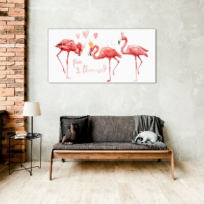 Tablou sticla Flamingo roz cu coroane