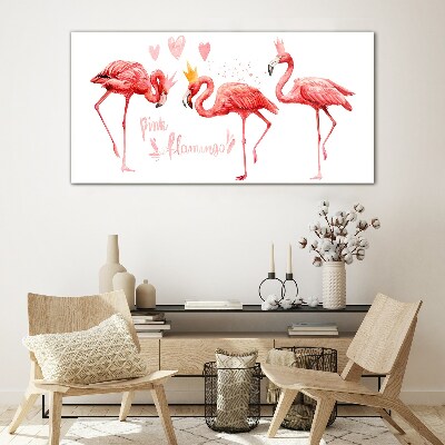 Tablou sticla Flamingo roz cu coroane