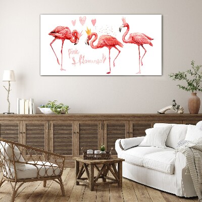Tablou sticla Flamingo roz cu coroane
