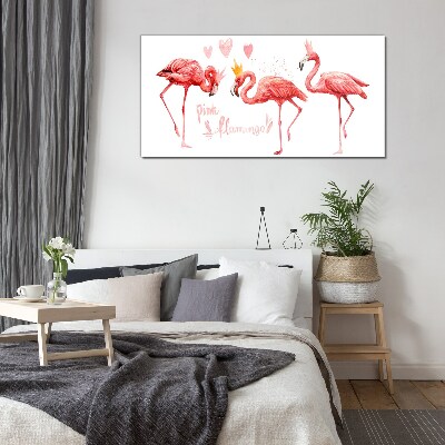 Tablou sticla Flamingo roz cu coroane