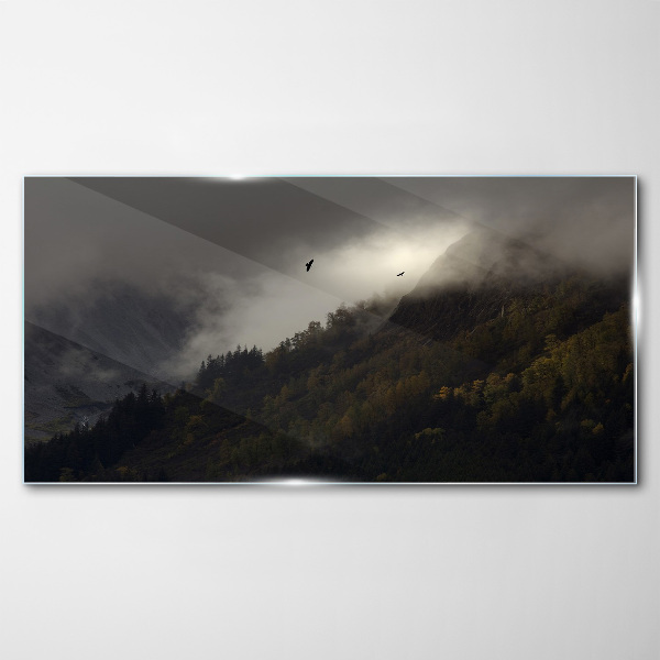Tablou sticla Panoramă montană încețoșată cu păsări