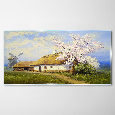 Tablou sticla Peisaj rural cu o moară de vânt și flori