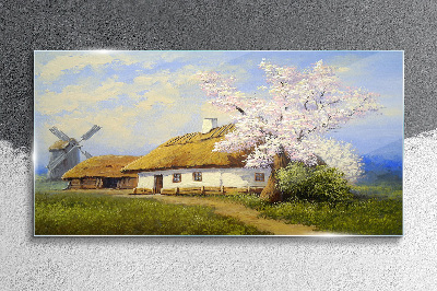 Tablou sticla Peisaj rural cu o moară de vânt și flori