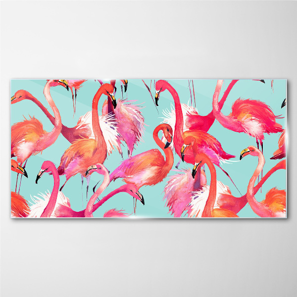 Tablou sticla Flamingo roz pe un fundal turcoaz