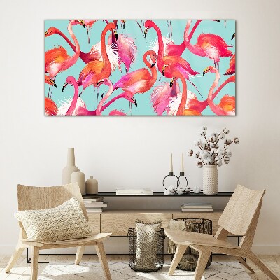 Tablou sticla Flamingo roz pe un fundal turcoaz