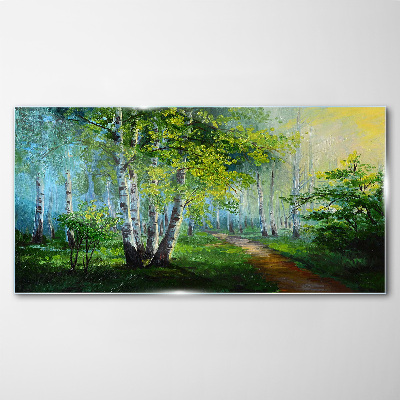 Tablou sticla Pădure verde în ceața dimineții