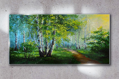 Tablou sticla Pădure verde în ceața dimineții