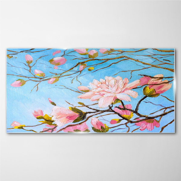Tablou sticla Flori de magnolie pe fond albastru