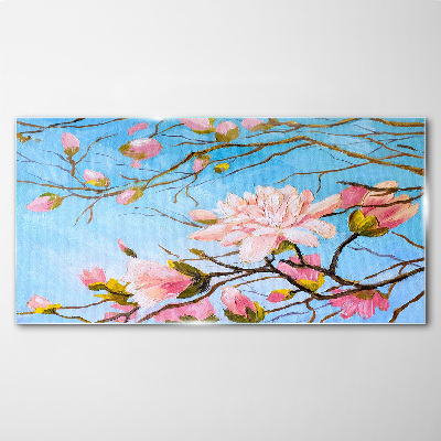 Tablou sticla Flori de magnolie pe fond albastru