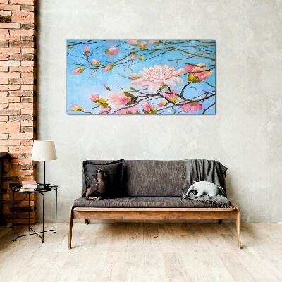 Tablou sticla Flori de magnolie pe fond albastru
