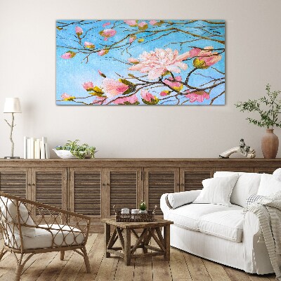Tablou sticla Flori de magnolie pe fond albastru