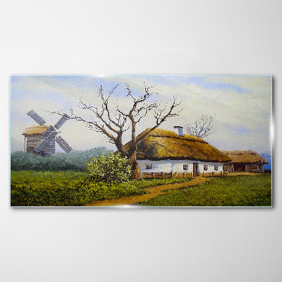 Tablou sticla Peisaj rural cu o moară de vânt