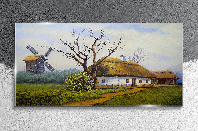 Tablou sticla Peisaj rural cu o moară de vânt