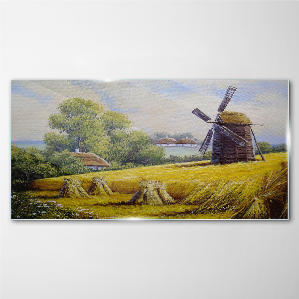Tablou sticla Peisaj rural cu o moară de vânt