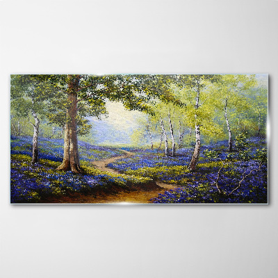 Tablou din sticla O alee cu flori într-un peisaj de pădure