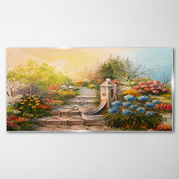 Tablou sticla Gradina de flori cu fantana