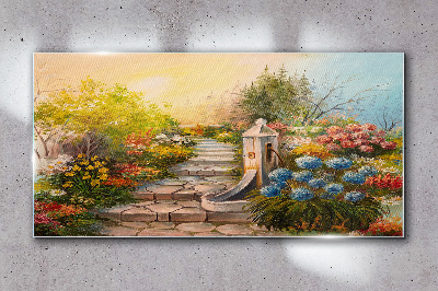 Tablou sticla Gradina de flori cu fantana
