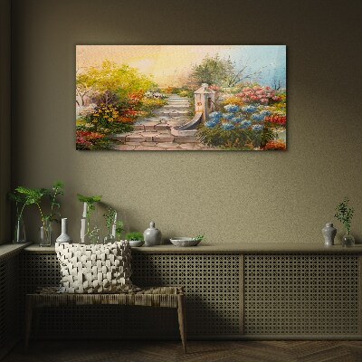 Tablou sticla Gradina de flori cu fantana