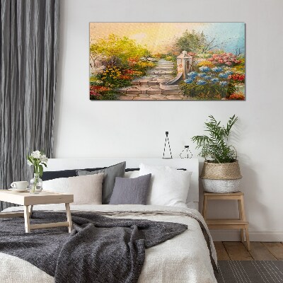Tablou sticla Gradina de flori cu fantana