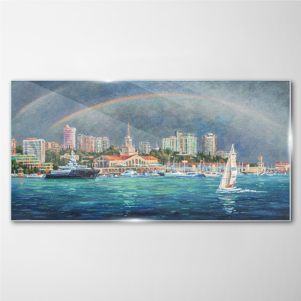 Tablou sticla Panoramă marină cu un curcubeu