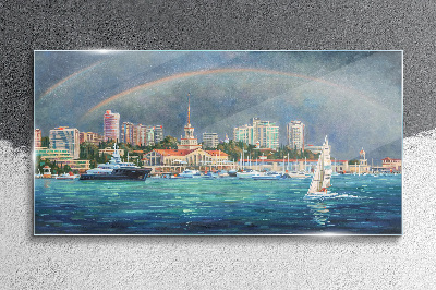Tablou sticla Panoramă marină cu un curcubeu