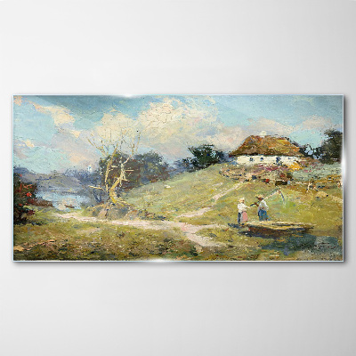 Tablou sticla Peisaj rural cu pescari