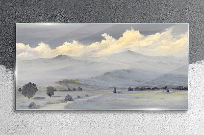 Tablou sticla Panoramă de munte cețoasă