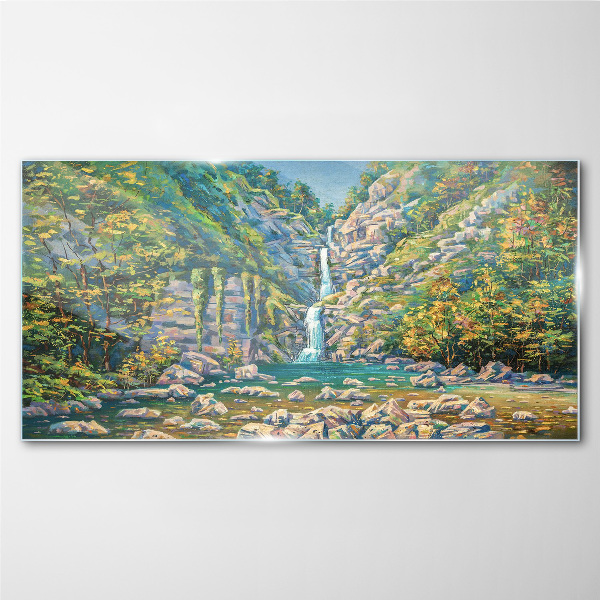 Tablou sticla Cascada în peisaj montan