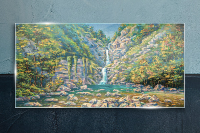 Tablou sticla Cascada în peisaj montan