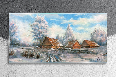 Tablou sticla Peisaj de iarnă cu cabane
