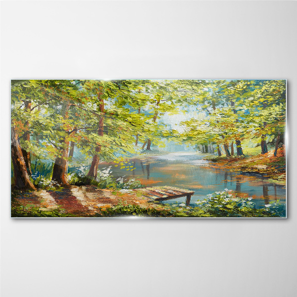 Tablou sticla Un peisaj de pădure liniștit lângă lac