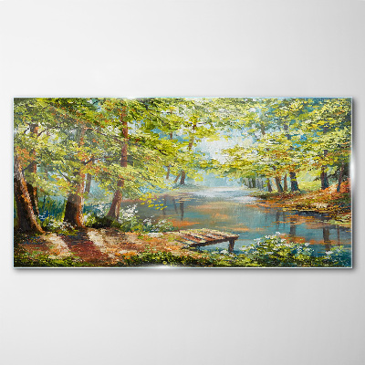 Tablou sticla Un peisaj de pădure liniștit lângă lac