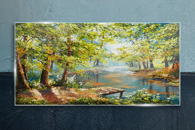 Tablou sticla Un peisaj de pădure liniștit lângă lac