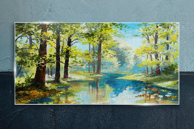 Tablou sticla Un peisaj de pădure liniștit lângă apă