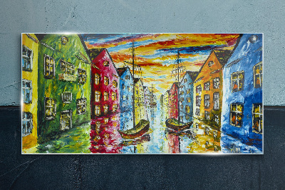 Tablou sticla Case colorate lângă râu