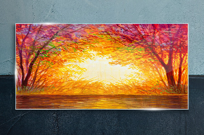 Tablou sticla Apus de soare într-o pădure colorată