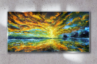 Tablou sticla Soarele de arbori din lac