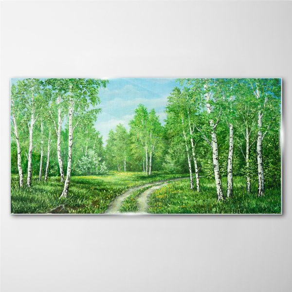 Tablou sticla Pădure verde cu mesteceni albi